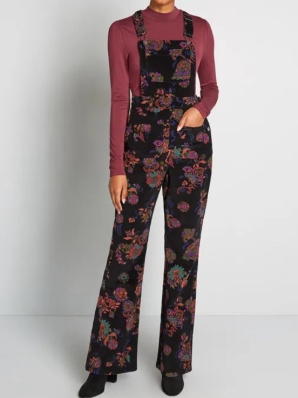 Modcloth Paisley Makes Perfect Corduroy Black Floral Overalls Flare Bootcut US 8